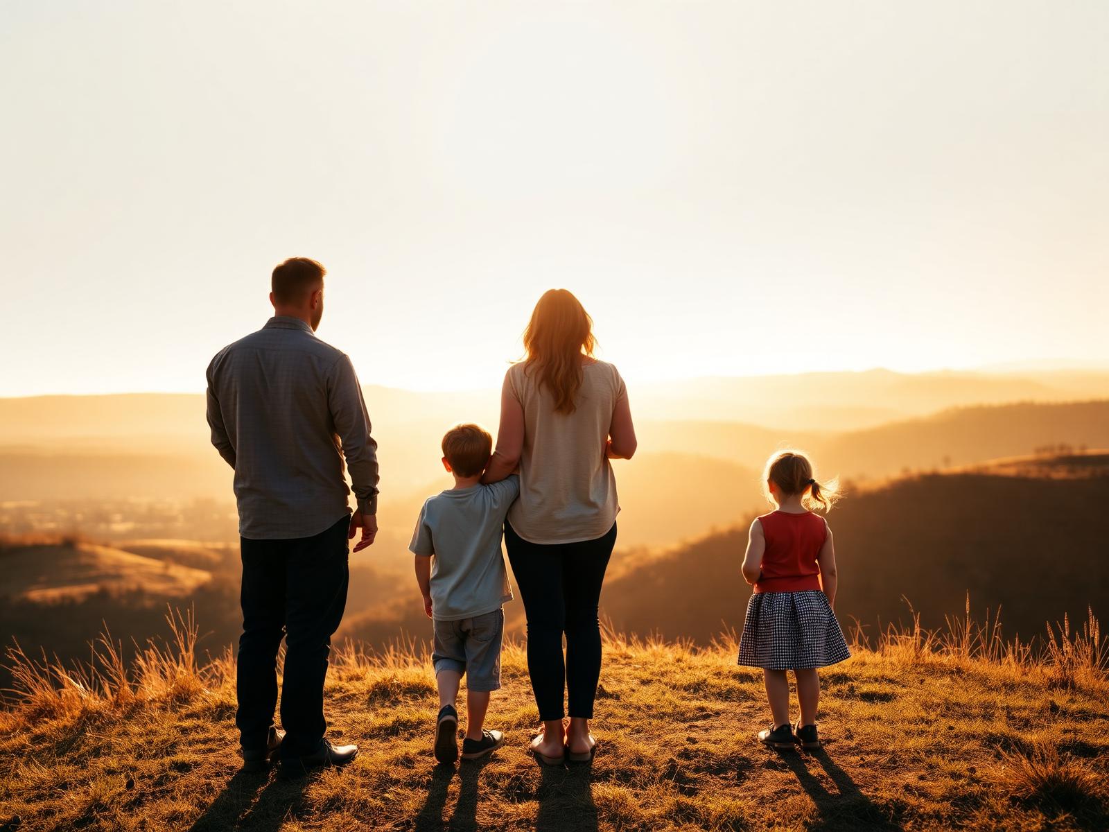 A family looking out over the hills at golden hour