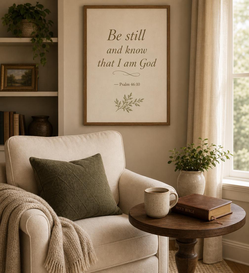 A peaceful reading nook with an armchair, Bible, and Psalm 46:10 verse on the wall