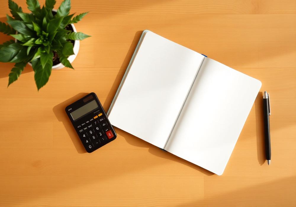 Notebook, calculator and pen on a wooden desk