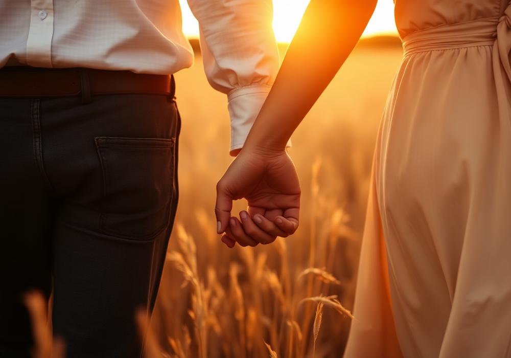 A couple holding hands in a golden field
